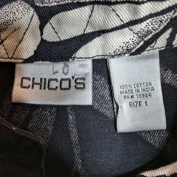 Vtg 1990s Chico's Black Ivory Illustrated Floral Button Up Cotton Jacket 1 M - Picture 5 of 5